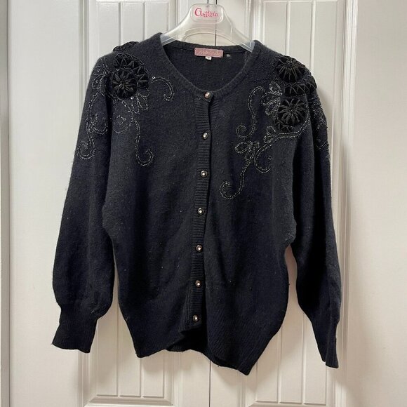 Vintage Lambswool Angora Knit Button Up Embellished Cardigan Black - M - Picture 4 of 15